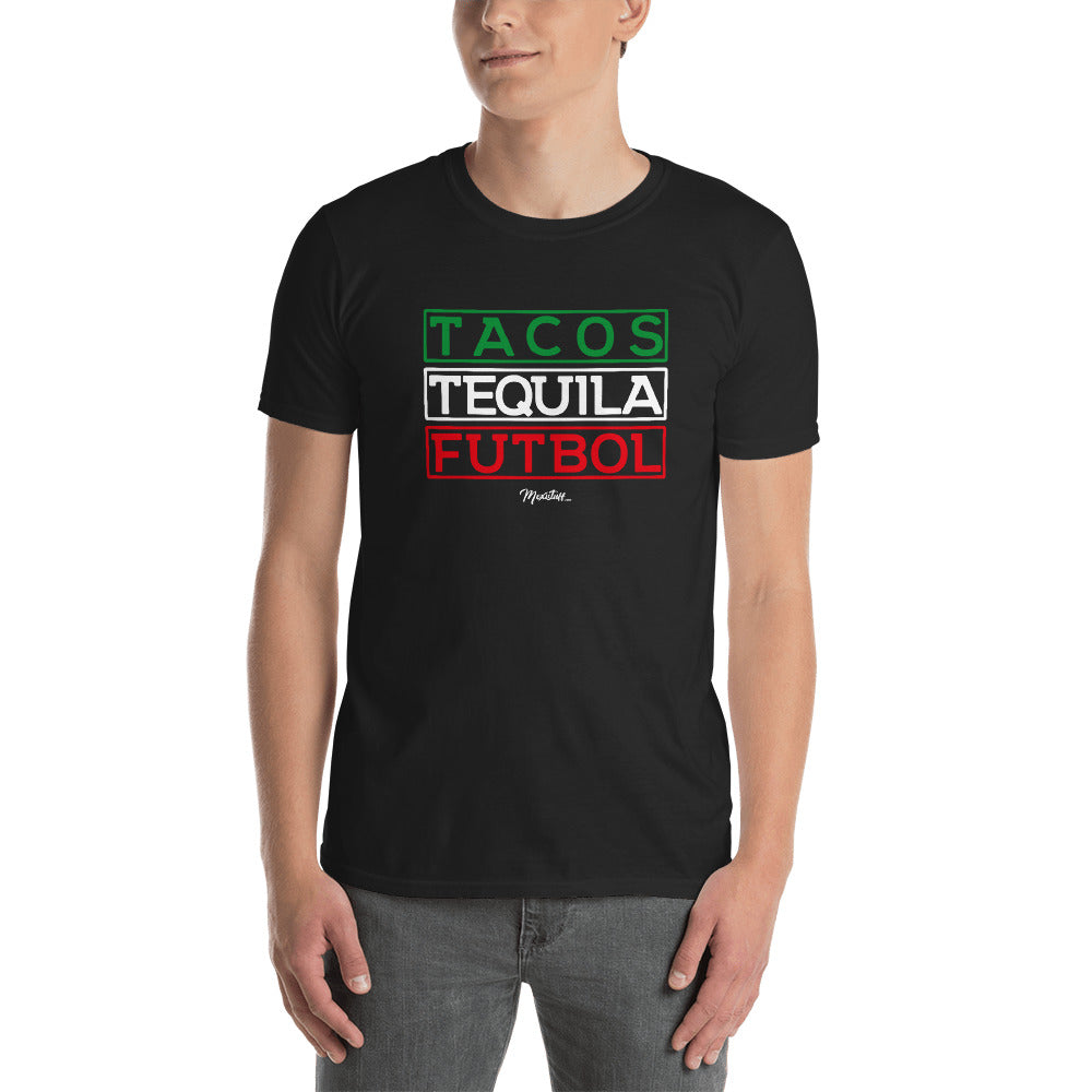 Tacos, Tequila y Futbol Unisex Tee